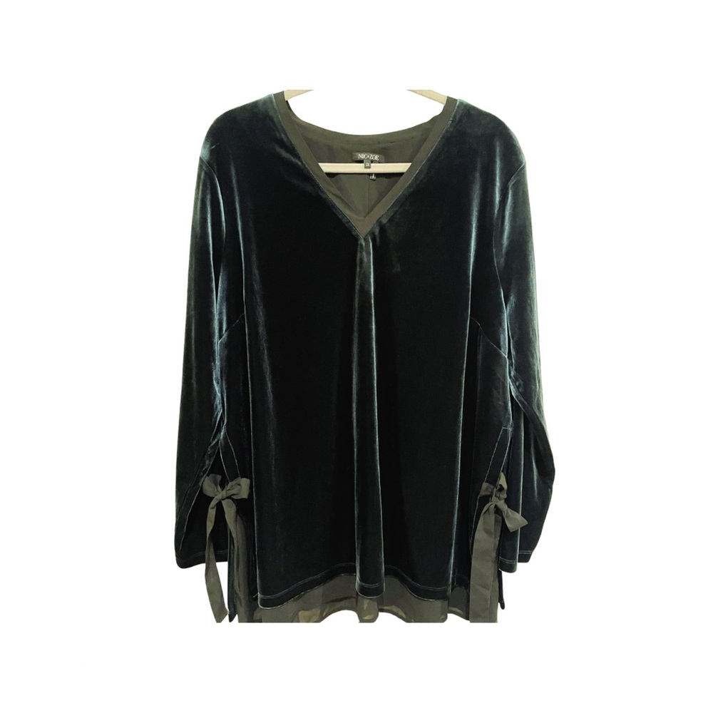 NIC+ZOE | Tops |Velvet Long Sleeve Green Black Side Tie Blouse Size 2x